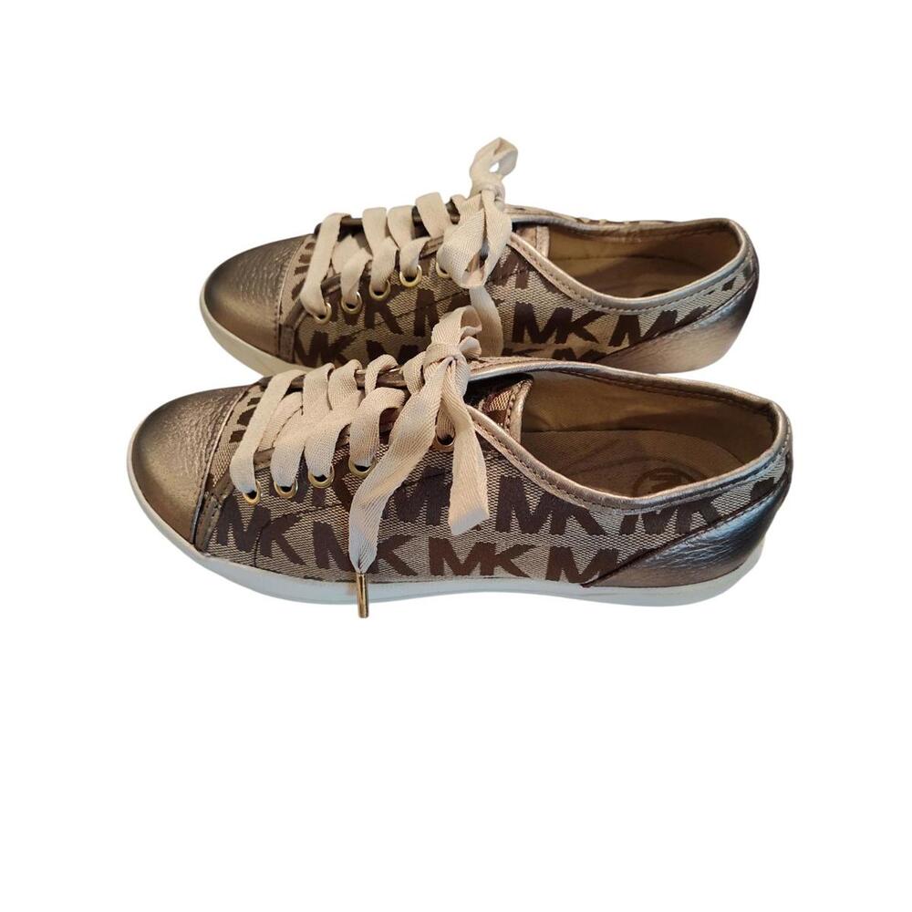 Michael Kors Keaton‎ Logo Lace-Up Sneakers | Gold MK Monogram | Women's Size 6 - Picture 2 of 9